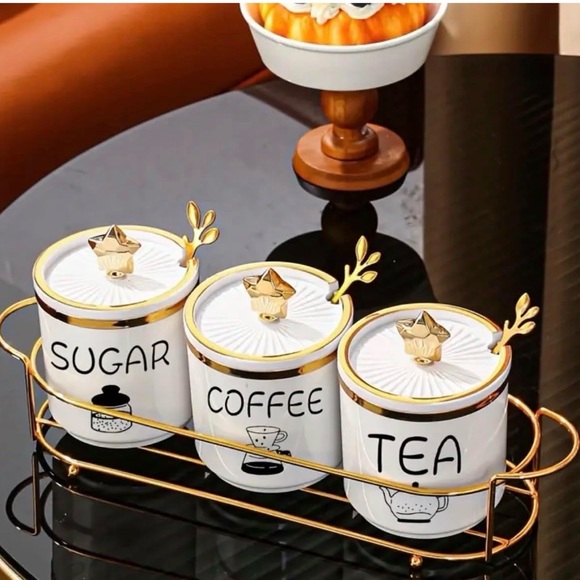 fersar Other - Luxury White and Gold Ceramic Canister Set with Tray